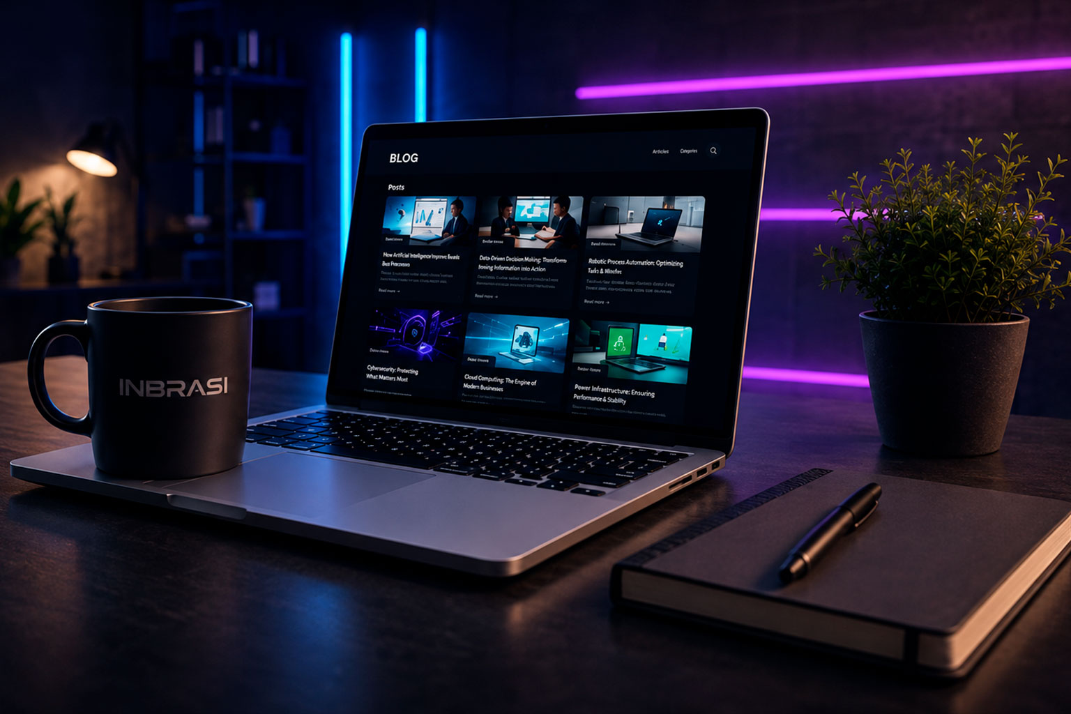 Blog da INBRASI exibido em notebook sobre uma mesa de trabalho