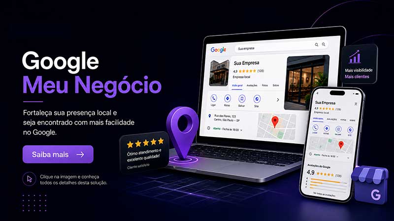 Notebook e celular exibindo perfil de empresa no Google e Google Maps para divulgação local